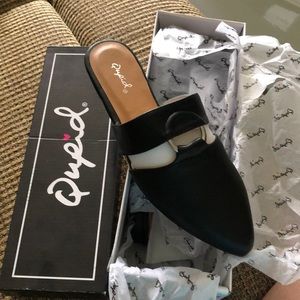 Faux leather black slip on mules metal ring size 7